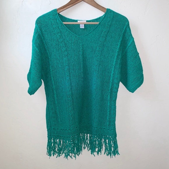 Chico’s fringe short sleeve green sweater M - Picture 1 of 3